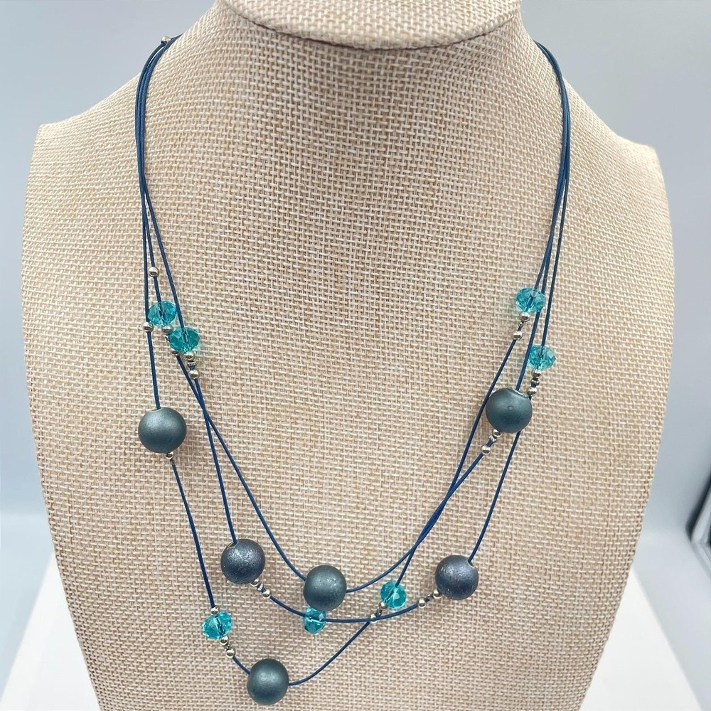 Vtg Artisan Multi-Layer Blue Cord Necklace Teal Glass Crystal Gunmetal Grey Bead